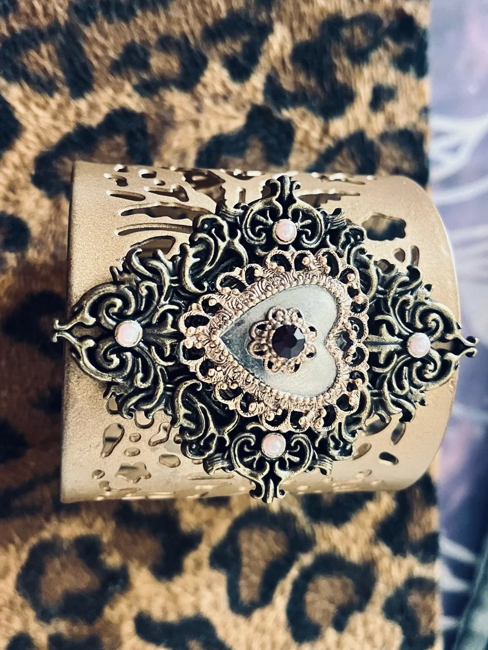 Ornate Heart Filigree Metal Cuff Bracelet - Antique Gold